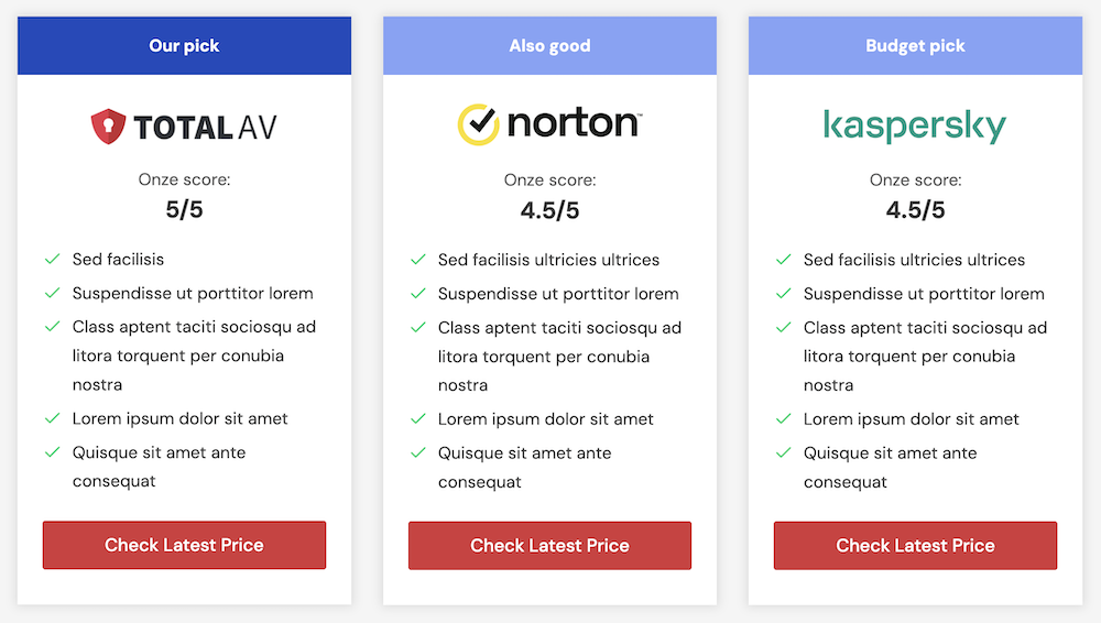 Product comparison made with Kadence Blocks.