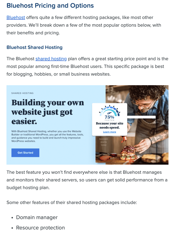 Review about Bluehost showing lots of product specifications. 