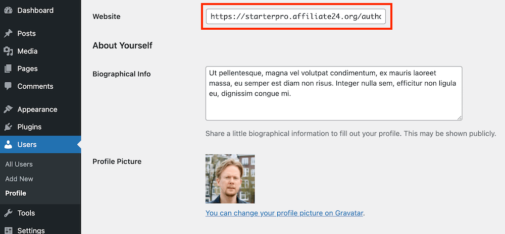 User profile in the WordPress dashboard.
