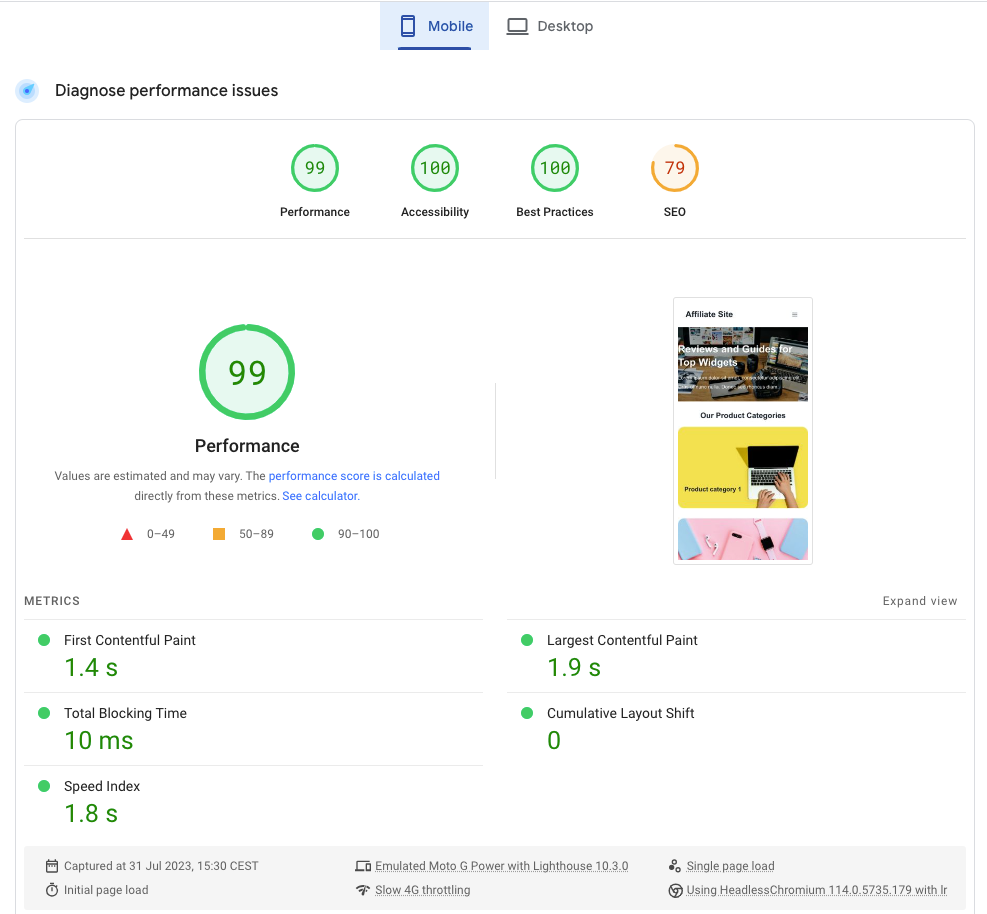 Google PageSpeed test Rocket.net